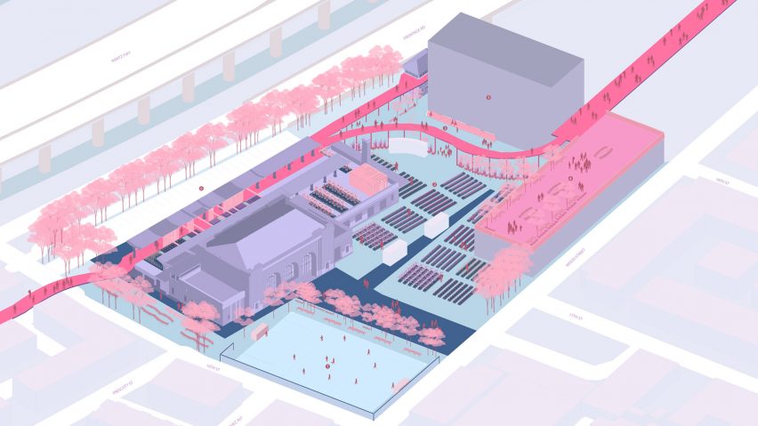 a diagram of a building in tones of pink, purple, blue and white