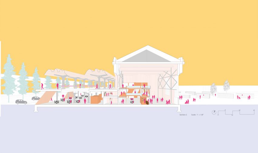 a diagram of a building in tones of white and grey against a yellow backdrop