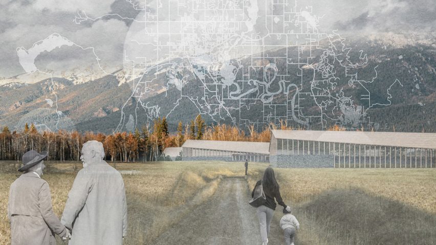 an image displaying a landscape in tones of green and brown, with images overlaid in grey tones of people and a map