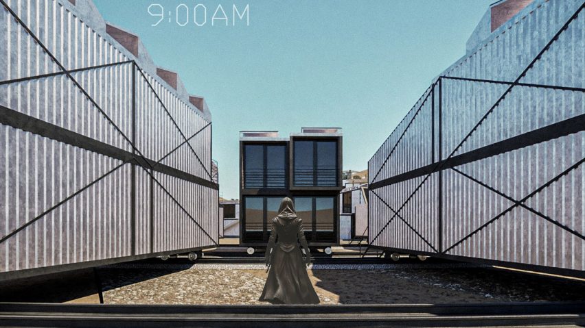 a visualisation of buildings in silver tones amongst a blue sky