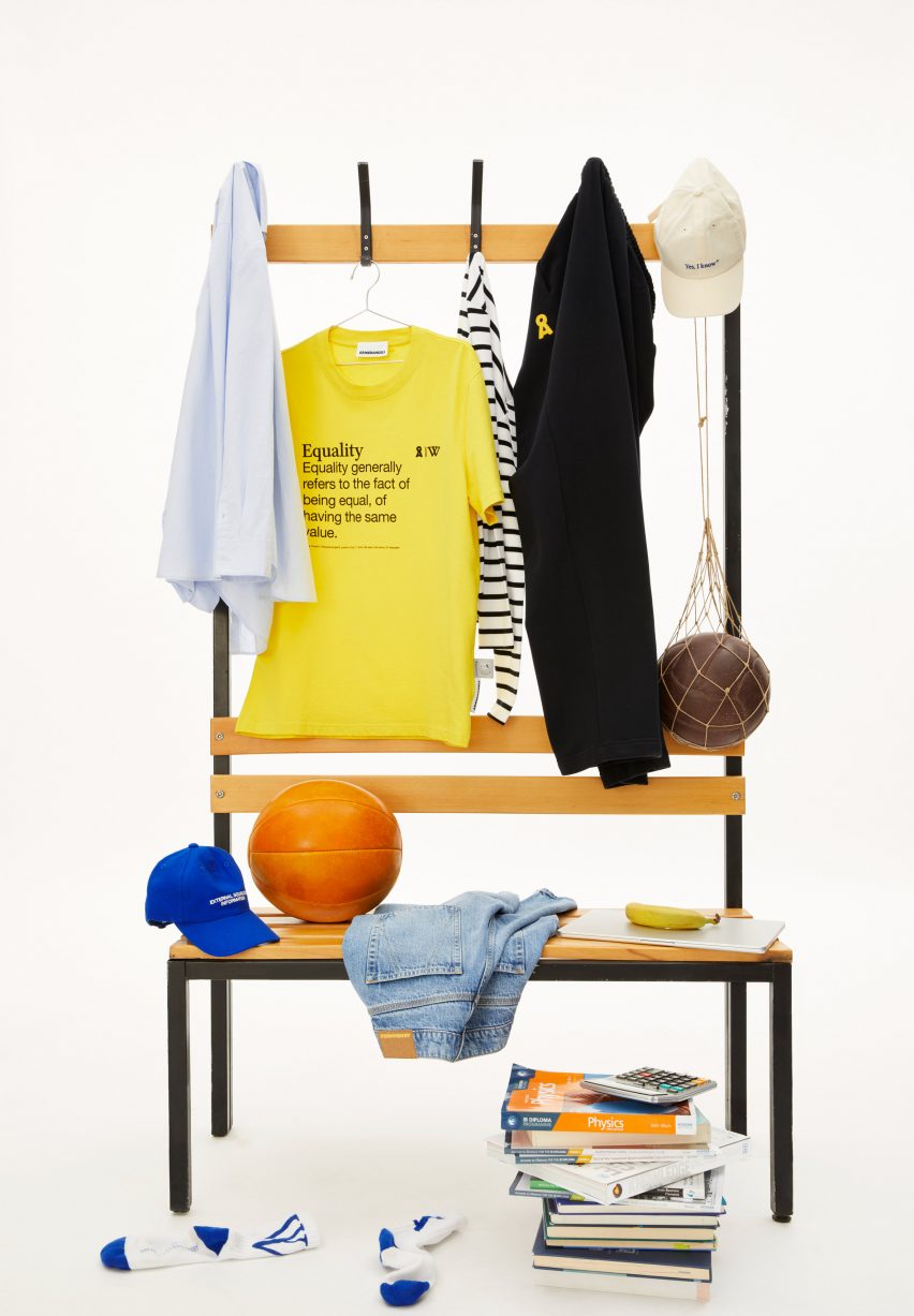 Clothes from Wikipedia streetwear collection hanging on a coat rack