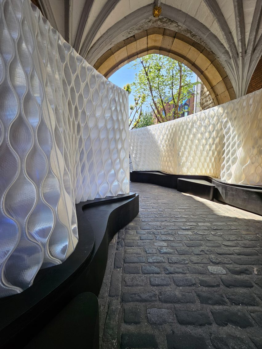 Close-up of Arthur Mamou-Mani's Harmonic Tides installation at St John's Gate archway