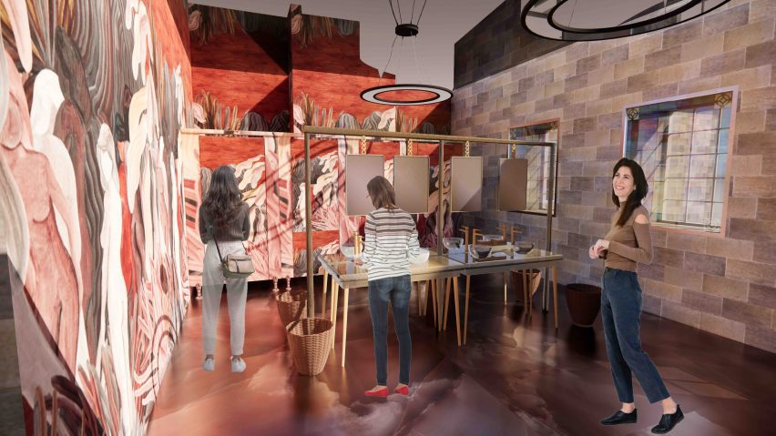 a visualisation of a room in tones of grey and red, with people around the space