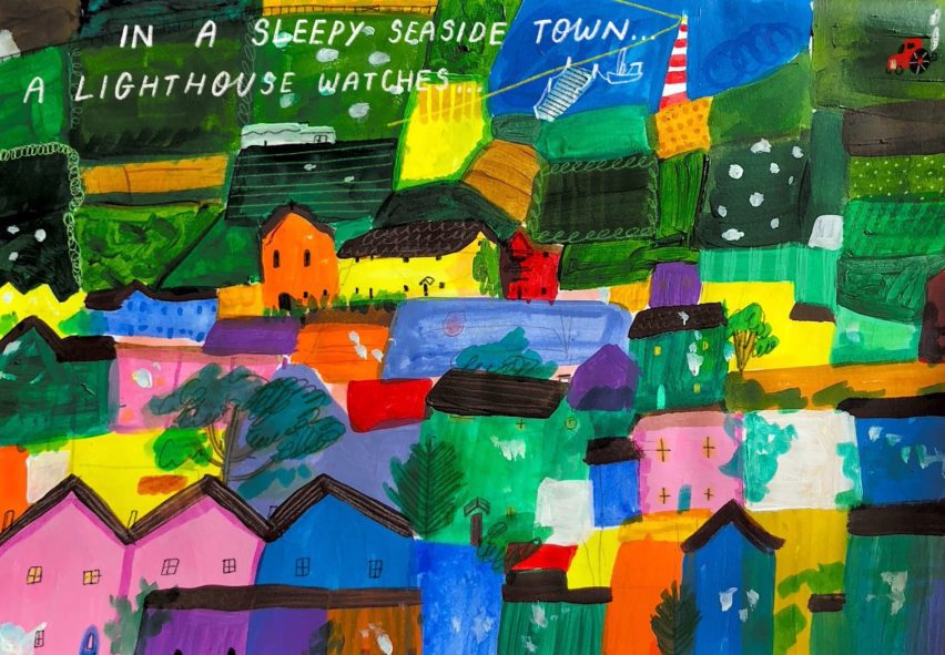 an illustration of houses in tones of pink, blue, green, red and yellow