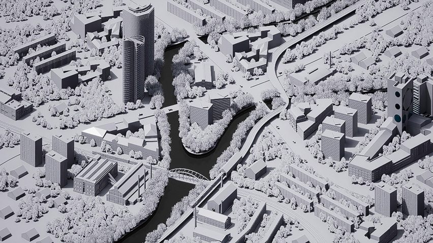 a greyscale image depicting a city from above