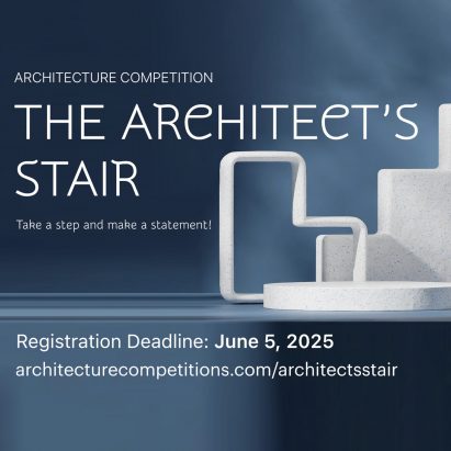 a poster for an architecture competition in tones of blue and white, with white text overlaid on the image