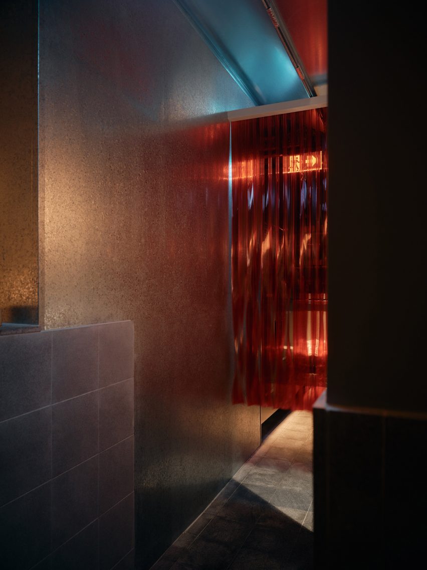 Entrance of Central restaurant in Brisbane designed by J.AR Office with red plastic curtains