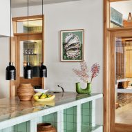 Pistachio green tiled counter in hotel restaurant