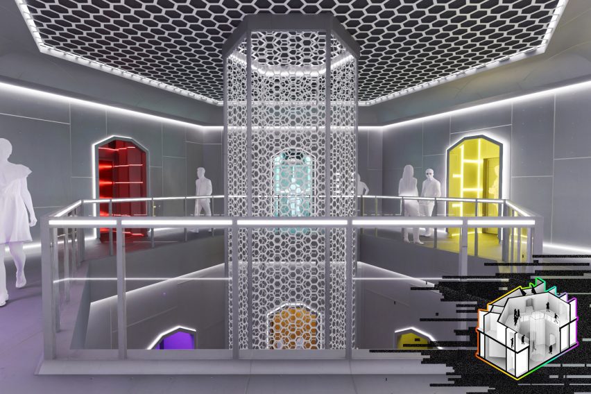 a visualisation of a social lounge in tones of grey, red and yellow