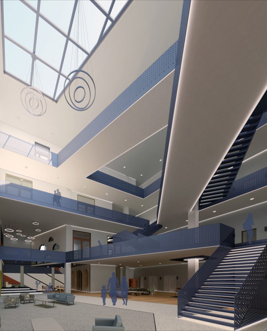 a visualisation of a rehabilitation centre in tones of blue and white
