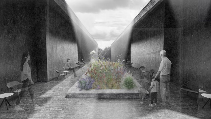 a visualisation of a garden in tones of grey