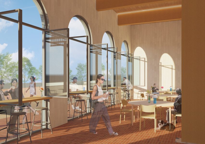 a visualisation of a cafe in tones of beige
