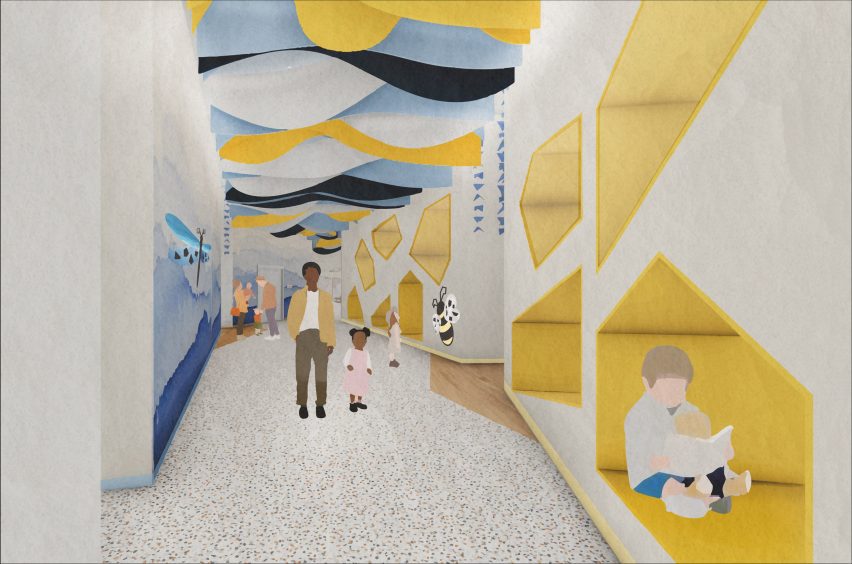 a visualisation of a school in tones of blue, yellow and white
