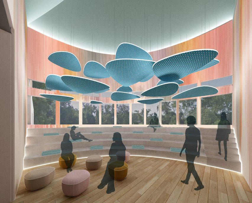 a visualisation of a gallery in tones of blue, pink and white