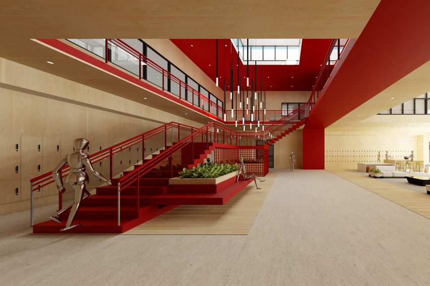 a visualisation of a youth centre in tones of beige and red