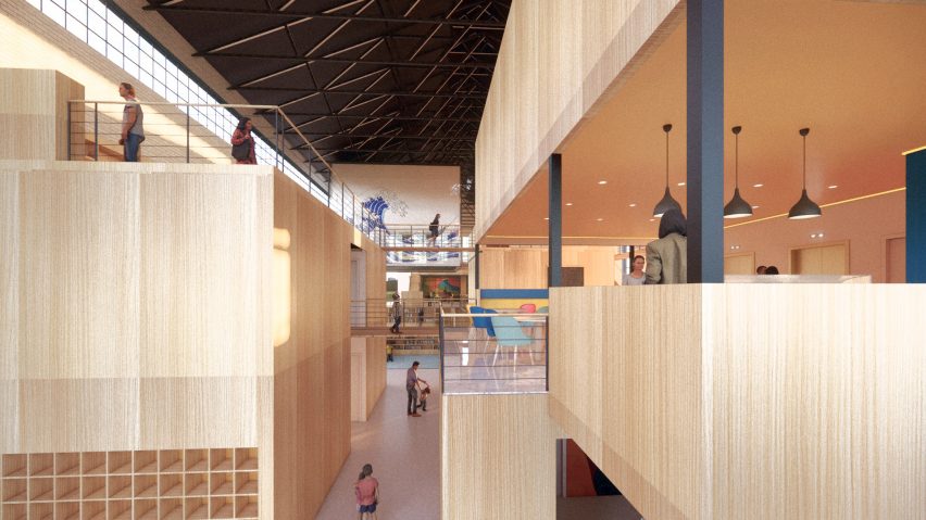 a visualisation of a library in tones of beige
