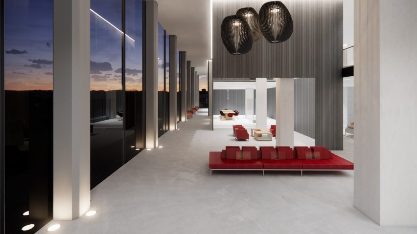 a visualisation of a co working space in tones of white, with red seating and large windows