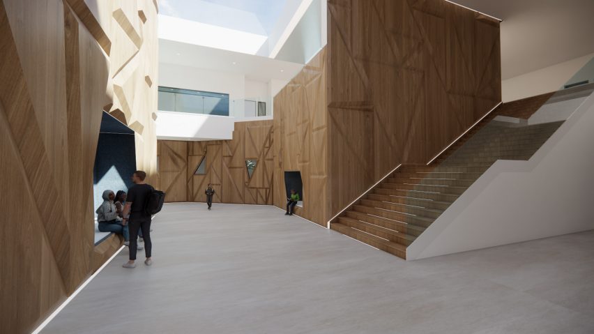 a visualisation of a youth centre in tones of white and brown