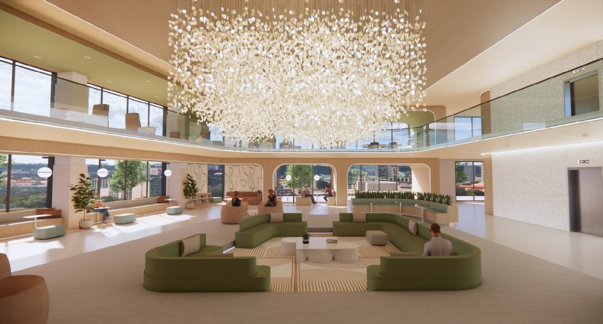 a visualisation of a medical centre in tones of beige and green