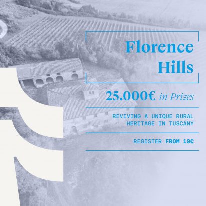 a poster for an architecture competition in tones of blue and white
