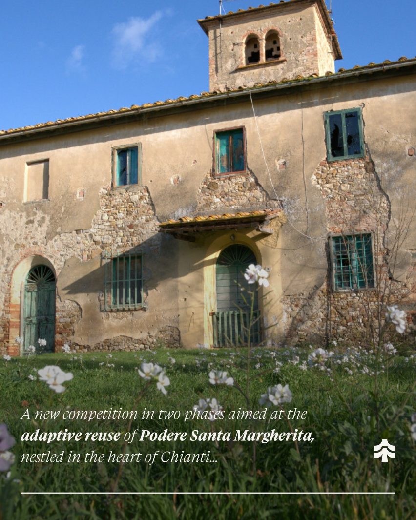 a photograph of a beige stone building in white white text overlaid on the image