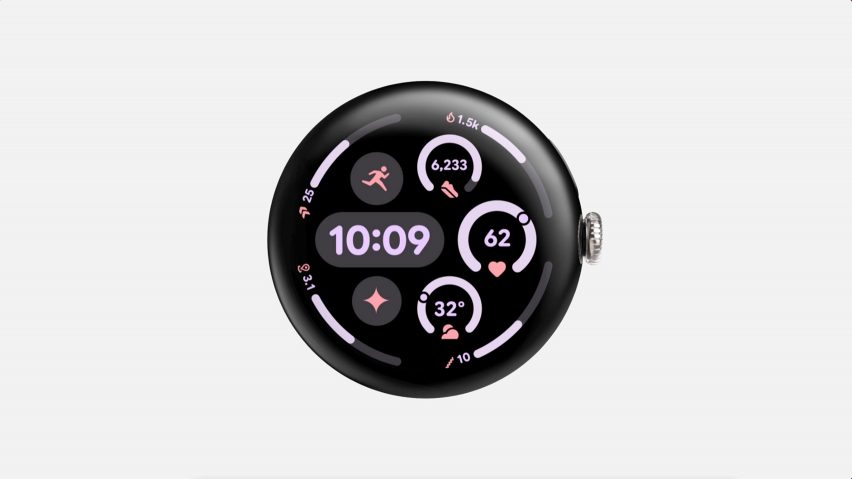 Image of an Android Wear OS watch face using a design in the Material 3 Expressive style
