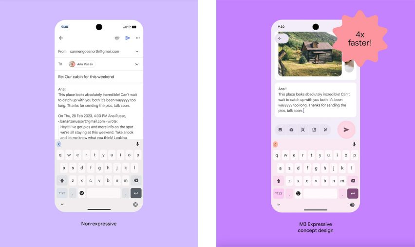 Image showing the Google Material 3 Expressive email interface design beside the previous design with differences including a bigger send button located just above the keyboard