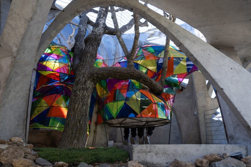 Multicoloured acrylic panels used within the Mushroom Library by Kong Xiangwei Studio
