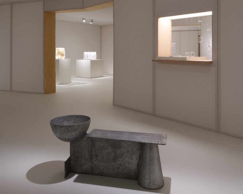 Aluminium bench with a bowl attached at Loewe Foundation Craft Prize exhibition