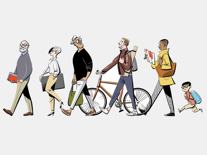 Illustrations of a group of people walking by Satoshi Hashimoto