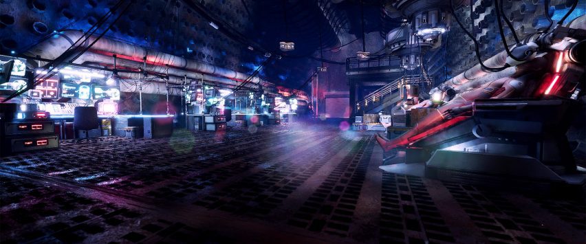 a visualisation of a space with machines and computers in tones of purple, blue and red
