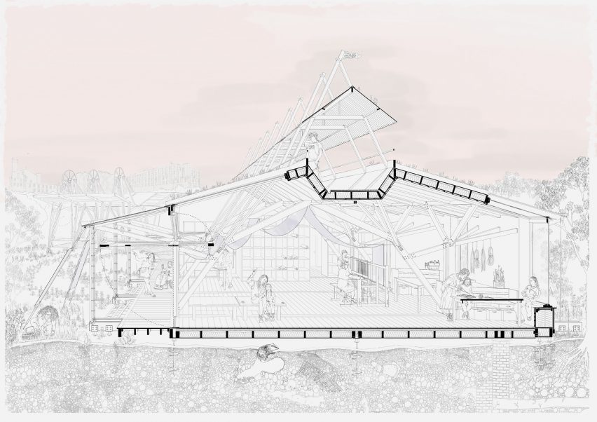 an architectural drawing in tones of black, white and pink
