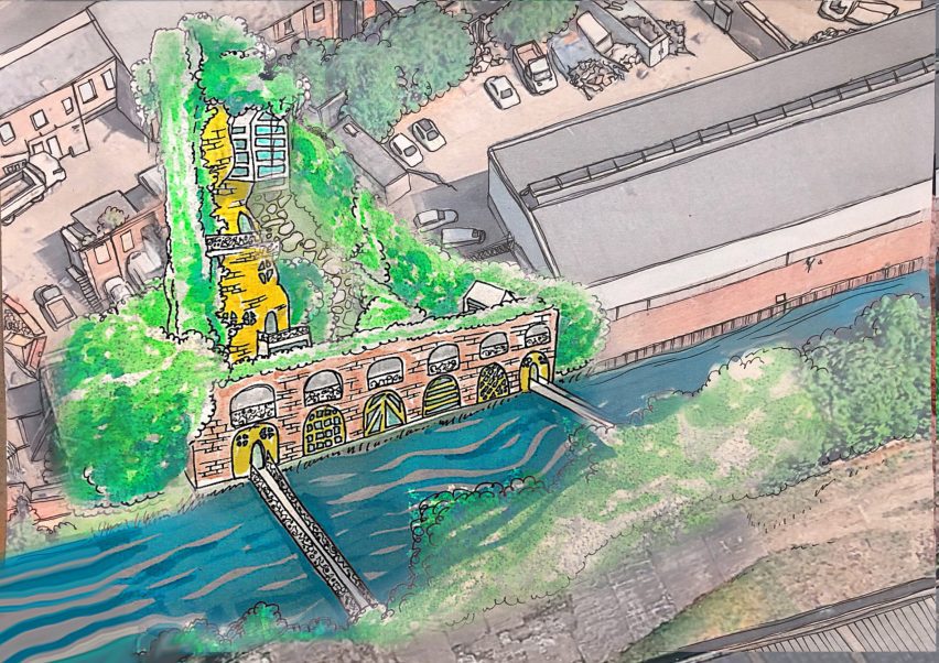 an illustration of buildings beside a river