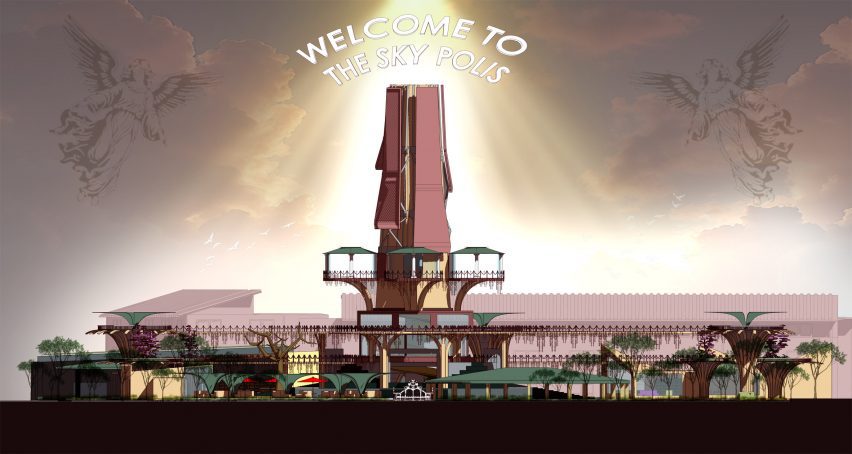 a diagram of a building with the words 'welcome to skypolis' above it in white text