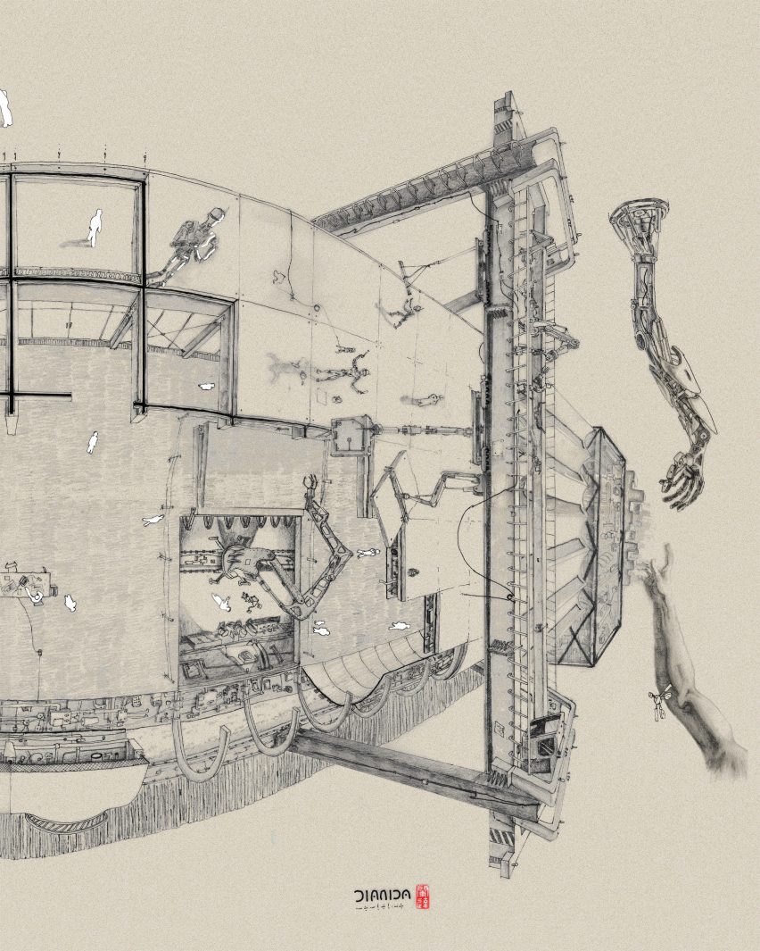 an architectural drawing in tones of beige and grey