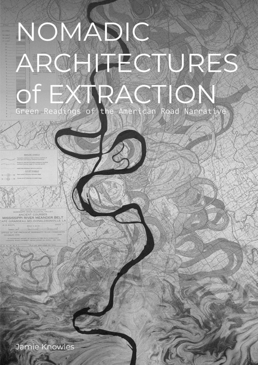 an image of a swirled pattern in tones of black and grey, with white text overlaid that reads 'architecture of extraction'