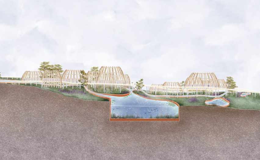 a visualisation of an agriculture system, consisting of wooden structures and a diagram showing water underground