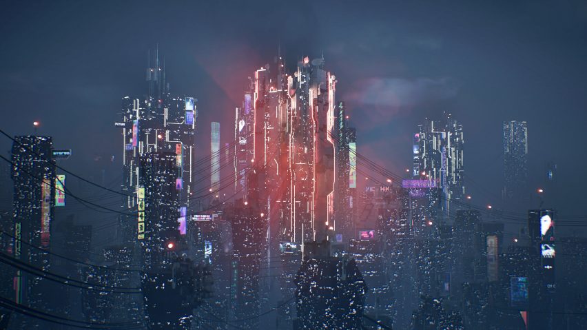 a visualisation of a city skyline in tones of red and blue