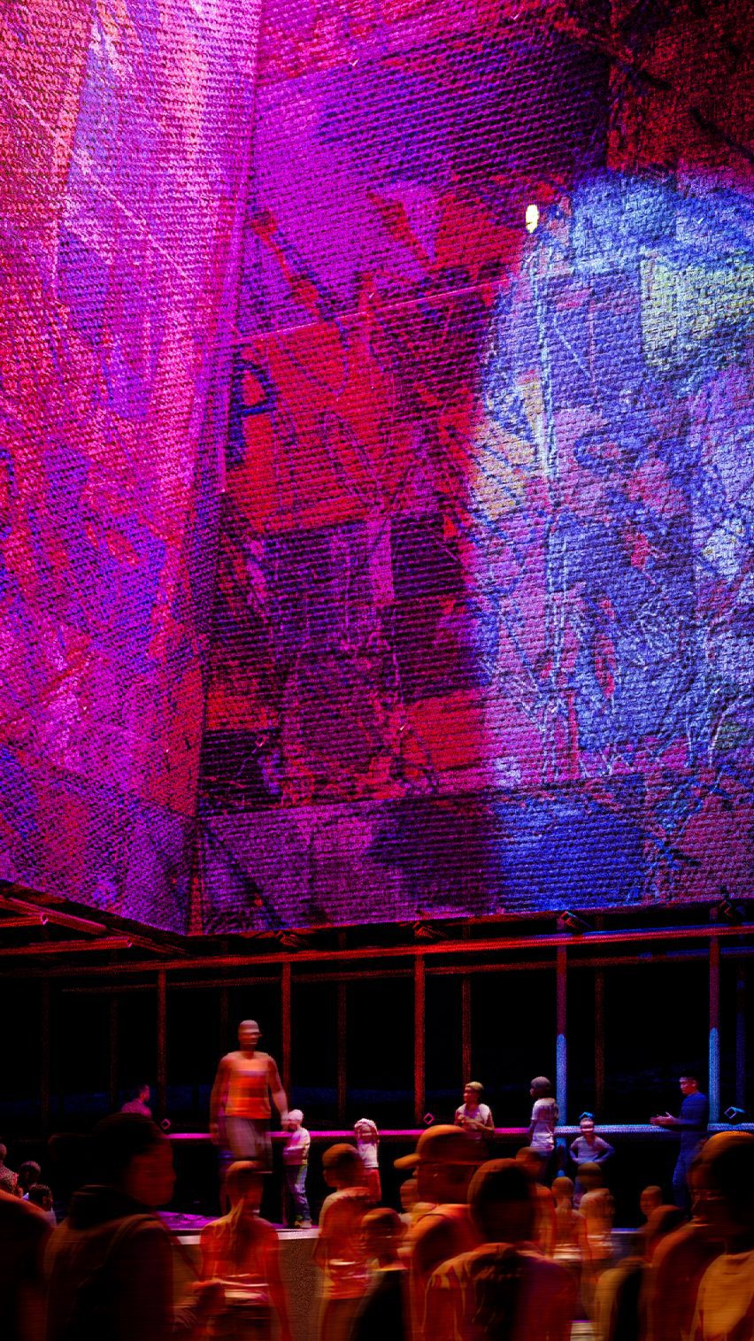 a photograph of a pavilion in tones of purple, pink and blue