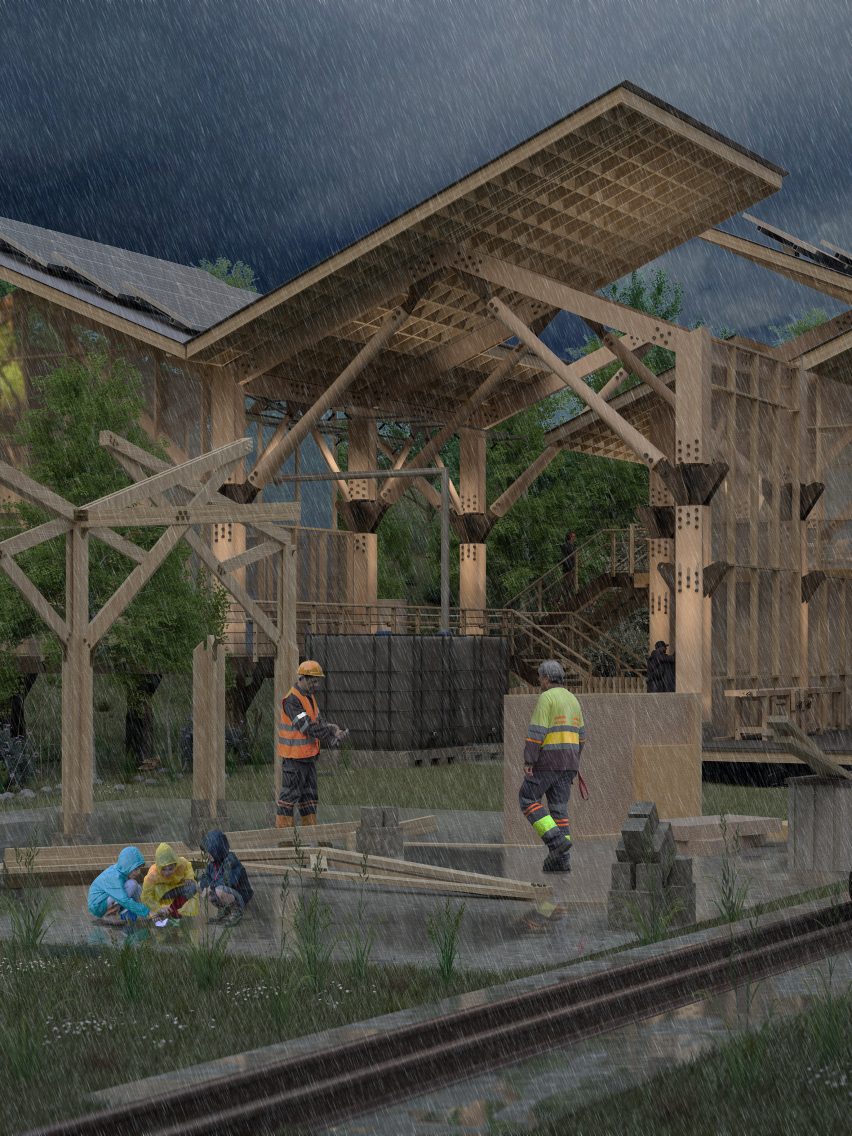 a visualisation of a wooden outdoor structure with construction workers working on it