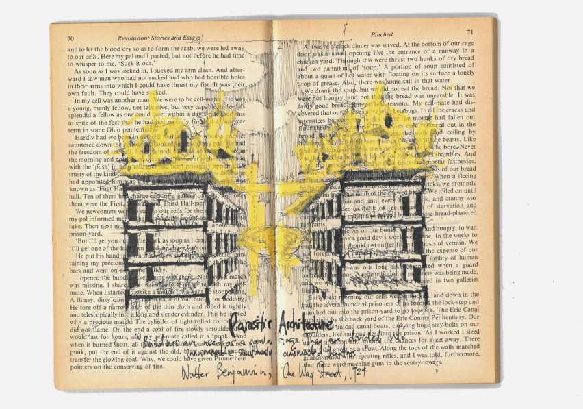a photograph of a book with an illustration in tones of blue and yellow on it and black text on its pages