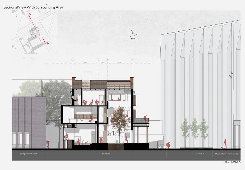 a diagram of two buildings adjacent to one another, in tones of grey and white 
