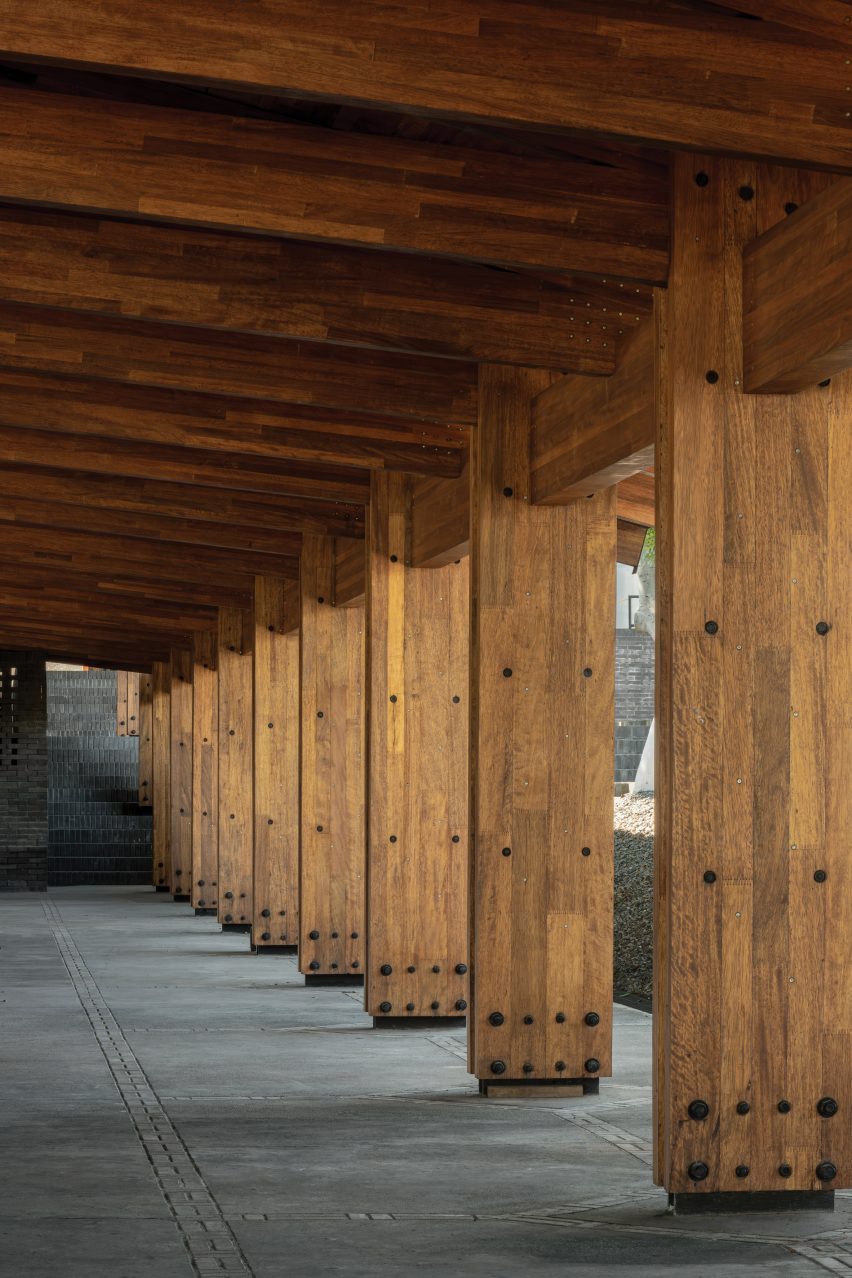 View down a row of cross-laminated timber columns