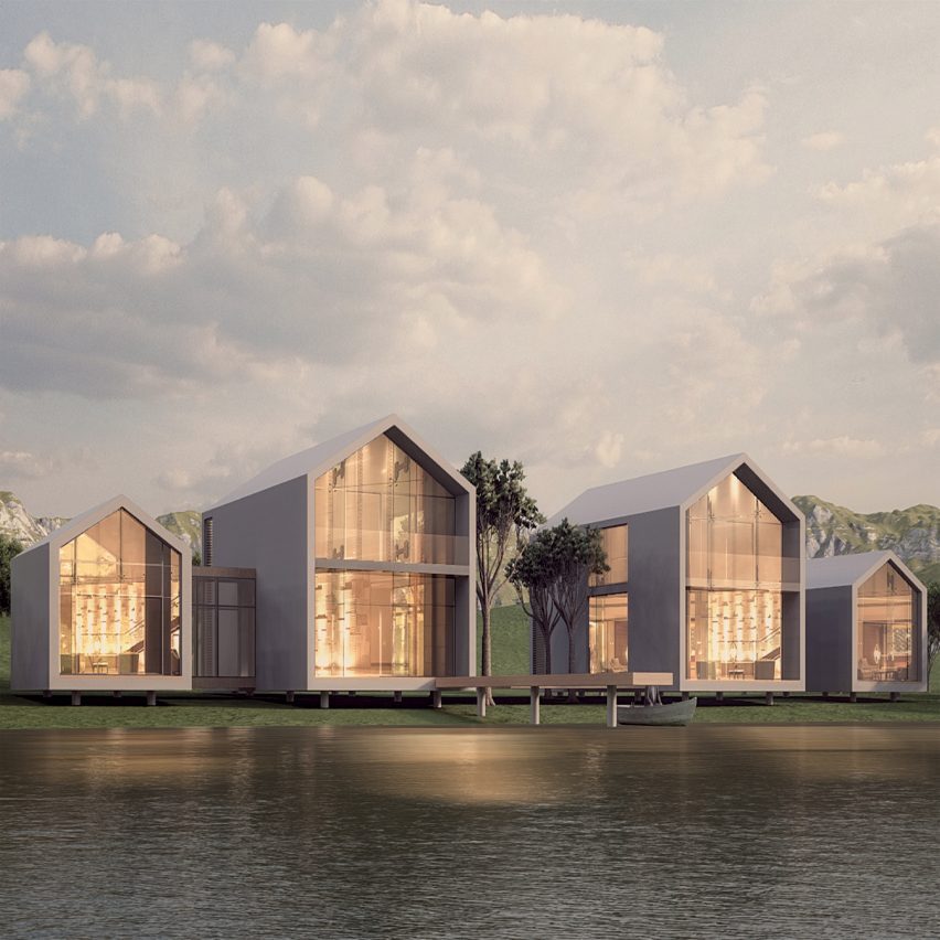a visualisation of two buildings on a body of water
