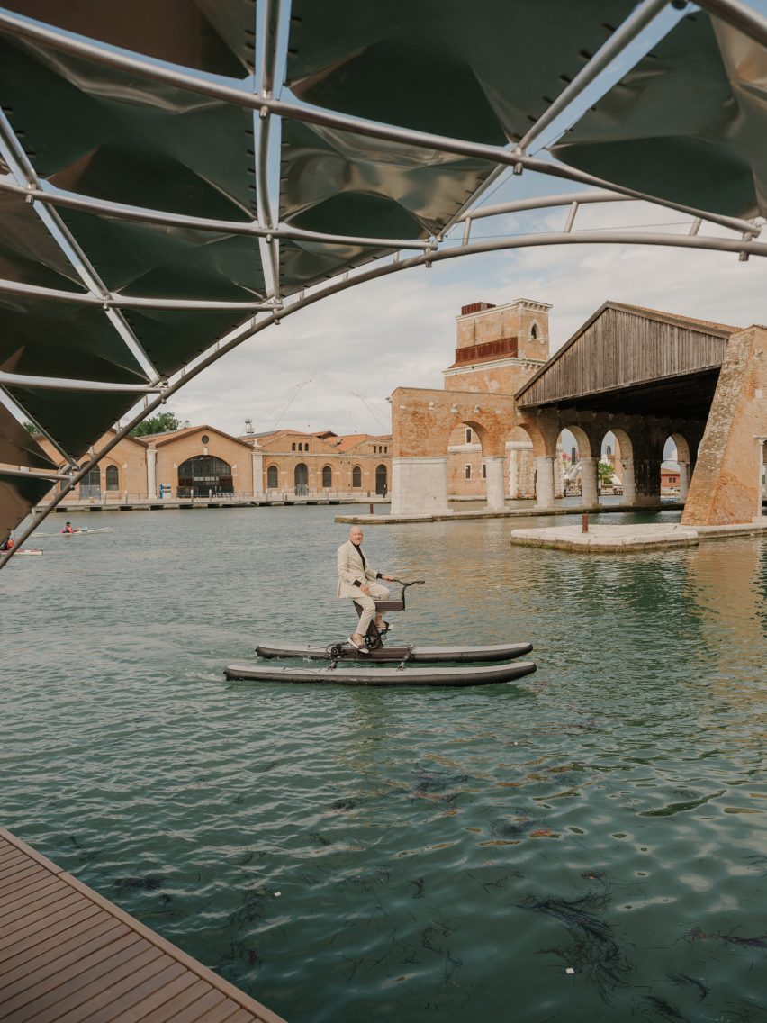 Foster on a water bike