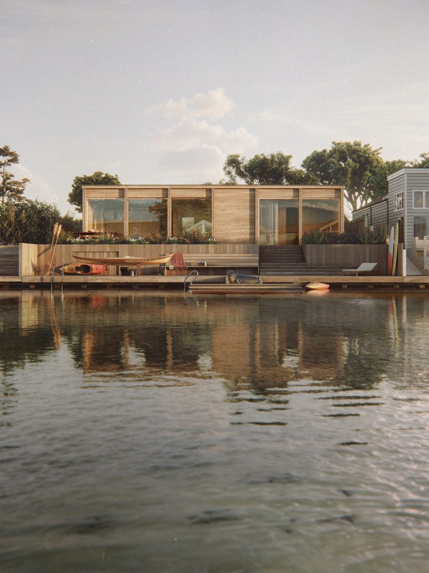 Visualisation showing a house on the edge of a body of water
