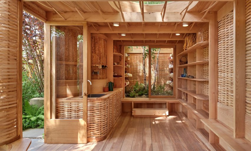 Kitchen in wood-and-mycelium pavilion