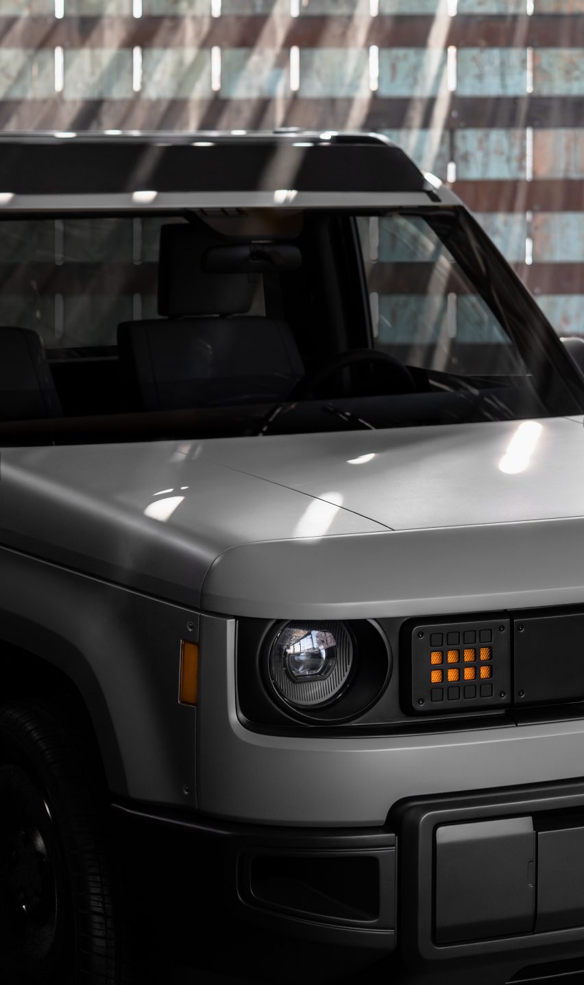 Close-up photo of the front of the Slate Truck showing a blocky, rugged design