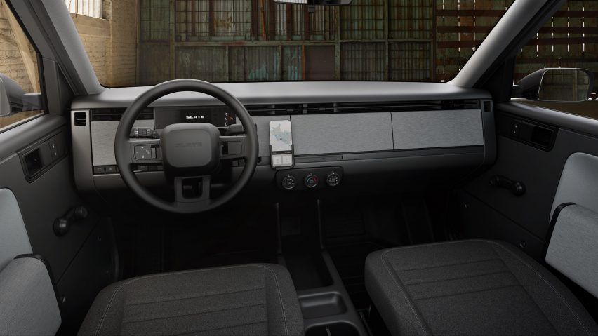 Photo of the interior of the Slate Truck showing a plain dashboard with no touchscreens