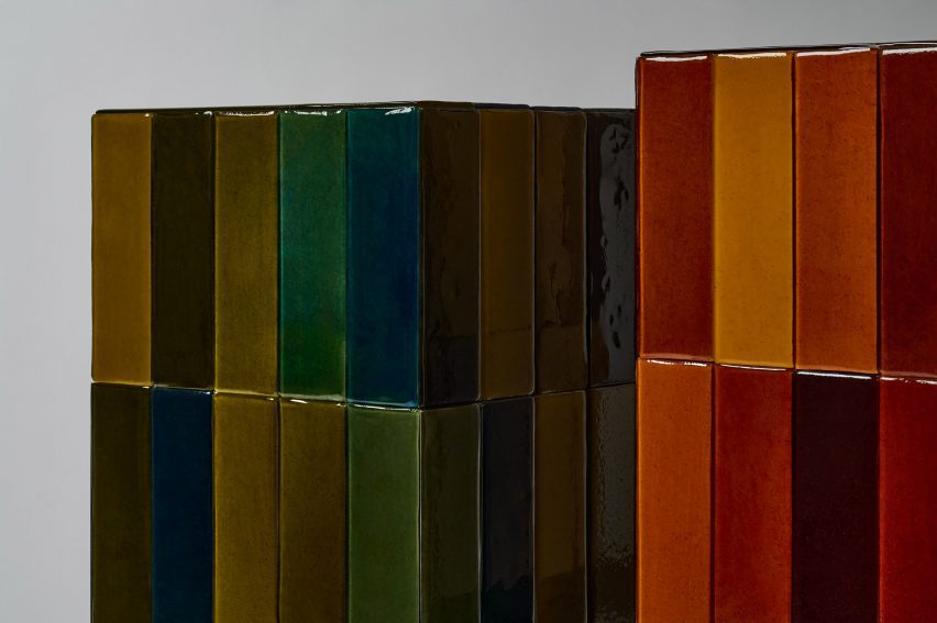 Tiles made from microalgae used to clad two stools